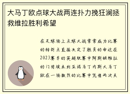 大马丁欧点球大战两连扑力挽狂澜拯救维拉胜利希望