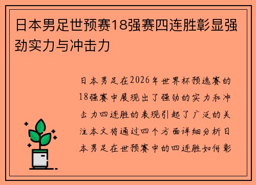 日本男足世预赛18强赛四连胜彰显强劲实力与冲击力 日本男足世预赛18强赛四连胜彰显强劲实力与冲击力